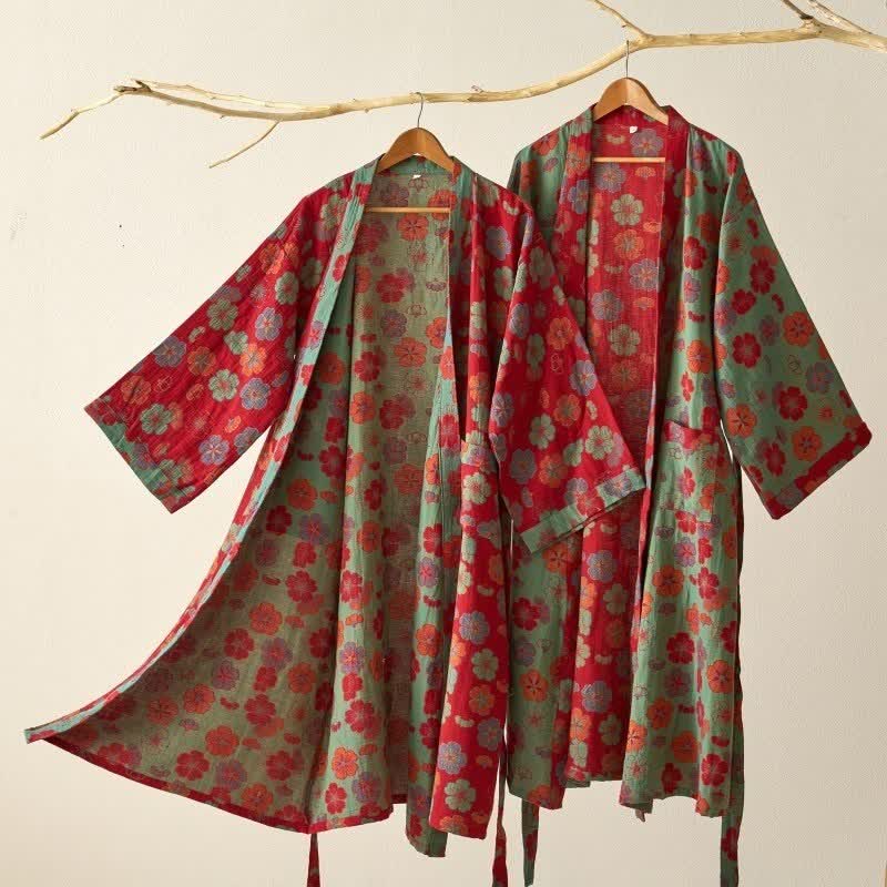 Ownkoti Plum Blossom Cotton Gauze Kimono Robe - Elegant Comfort for Relaxed Style