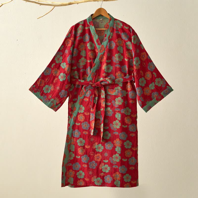 Ownkoti Plum Blossom Cotton Gauze Kimono Robe - Elegant Comfort for Relaxed Style
