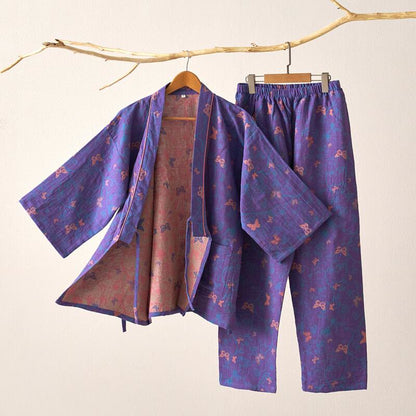 Ownkoti Fragrant Butterfly Cotton Gauze Kimono Loungewear Set
