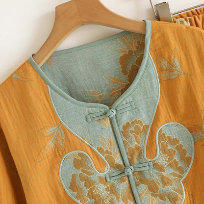 Ownkoti Oriental Style Peony Cotton Pajama Set for Women