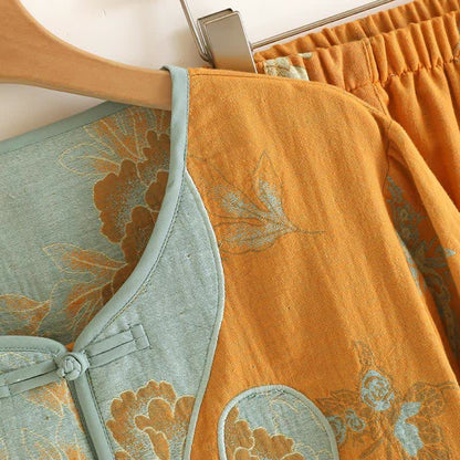 Ownkoti Oriental Style Peony Cotton Pajama Set for Women