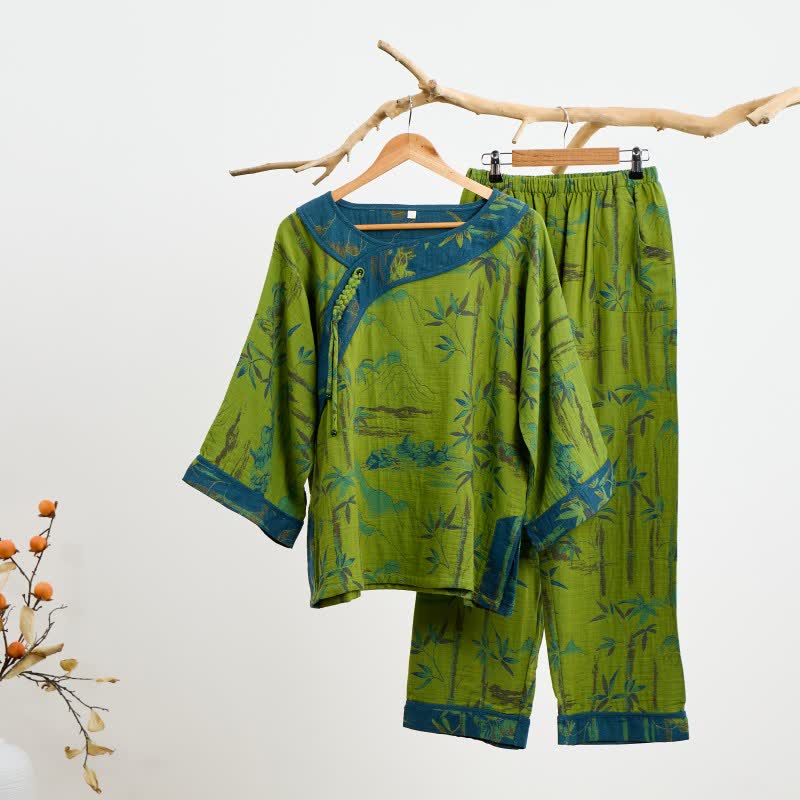 Ownkoti Bamboo Oriental Pajama Set with Fringes Made of Cotton