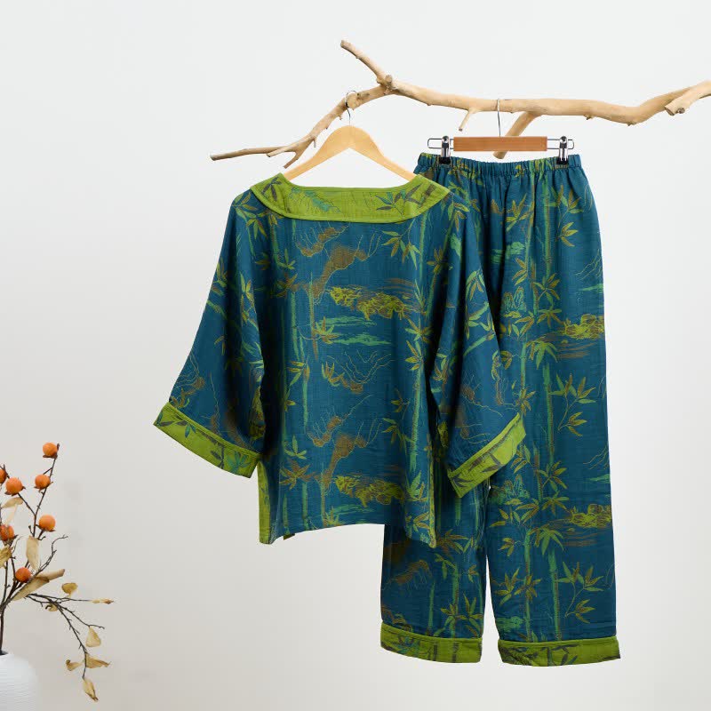 Ownkoti Bamboo Oriental Pajama Set with Fringes Made of Cotton