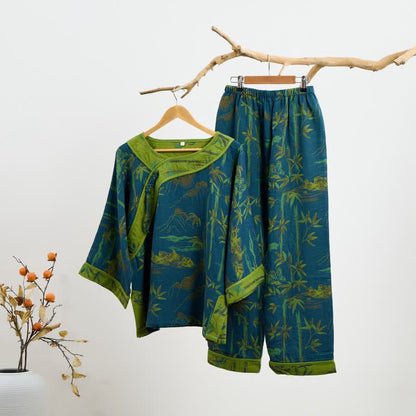 Ownkoti Bamboo Oriental Pajama Set with Fringes Made of Cotton