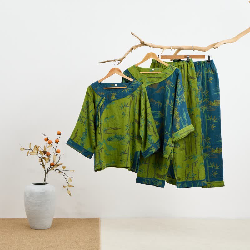 Ownkoti Bamboo Oriental Pajama Set with Fringes Made of Cotton