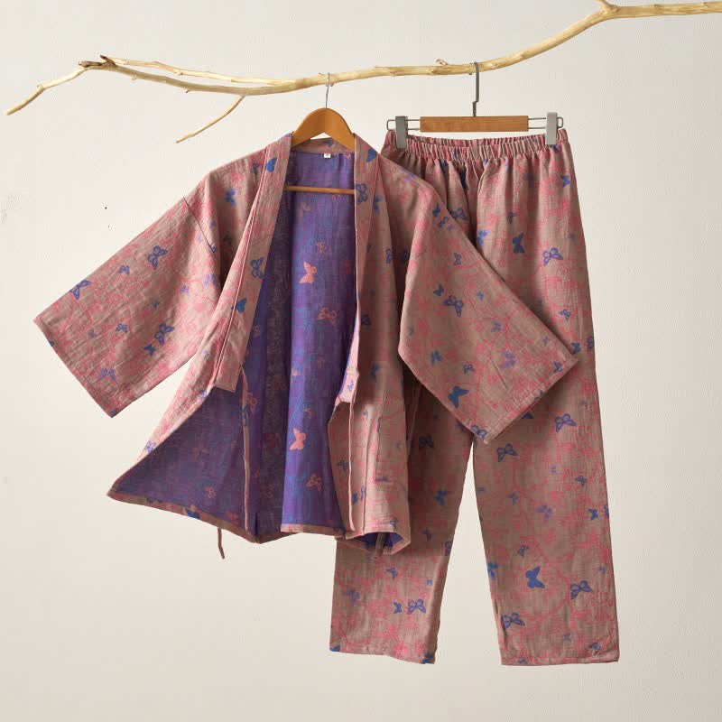 Ownkoti Fragrant Butterfly Cotton Gauze Kimono Loungewear Set