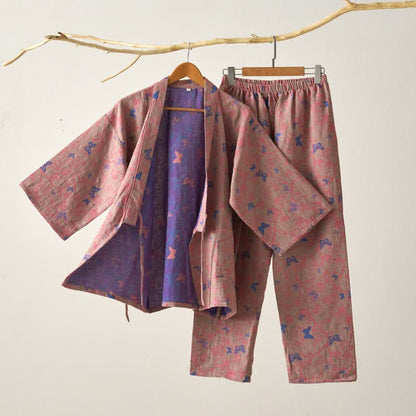 Ownkoti Fragrant Butterfly Cotton Gauze Kimono Loungewear Set
