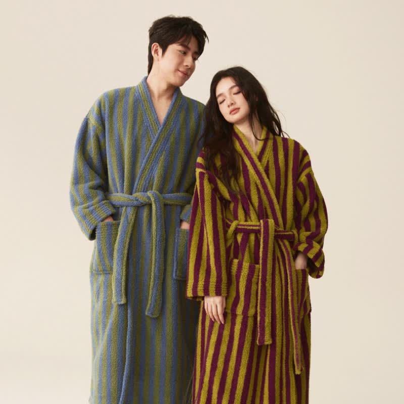 Ownkoti Men's Winter Fleece Cozy Stripe Long Bathrobe for Ultimate Comfort
