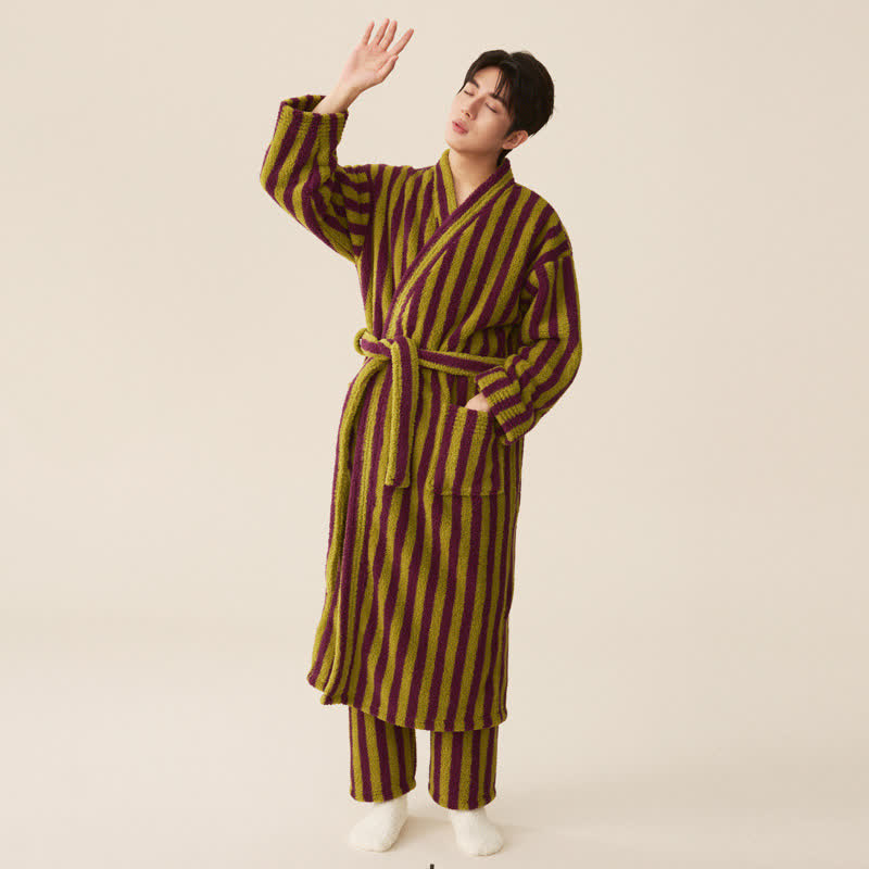 Ownkoti Men's Winter Fleece Cozy Stripe Long Bathrobe for Ultimate Comfort
