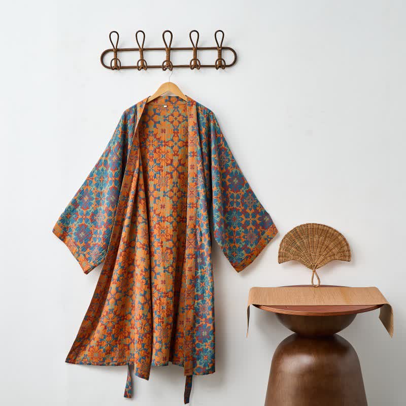 Ownkoti Vintage Geometric Cotton Kimono Robe for Stylish Comfort