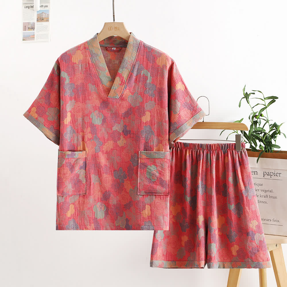 Village Style Cotton Gauze Nightgown Set with V-Neck