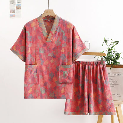 Village Style Cotton Gauze Nightgown Set with V-Neck