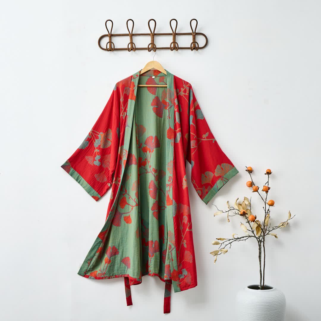 Ownkoti Organic Ginkgo Leaf Kimono Cotton Dress Natural