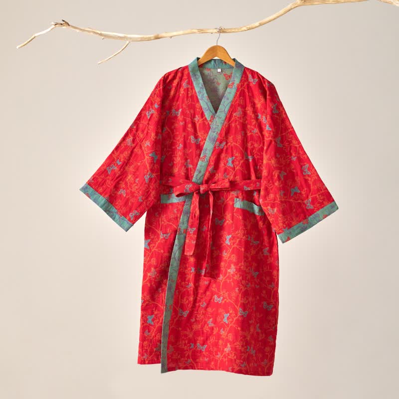 Ownkoti Vintage Butterfly Cotton Gauze Kimono Robe - Elegant & Comfortable Lounge Wear
