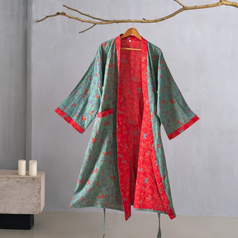 Ownkoti Vintage Butterfly Cotton Gauze Kimono Robe - Elegant & Comfortable Lounge Wear