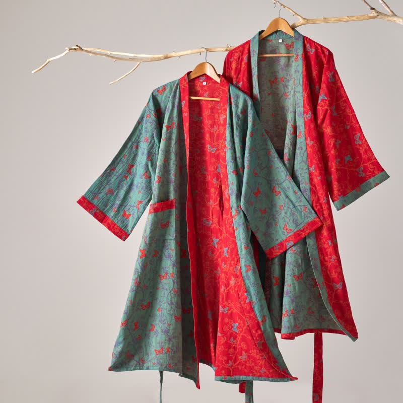 Ownkoti Vintage Butterfly Cotton Gauze Kimono Robe - Elegant & Comfortable Lounge Wear