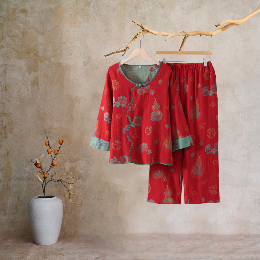 Ownkoti Oriental Style Short Persimmon Cotton Pajama