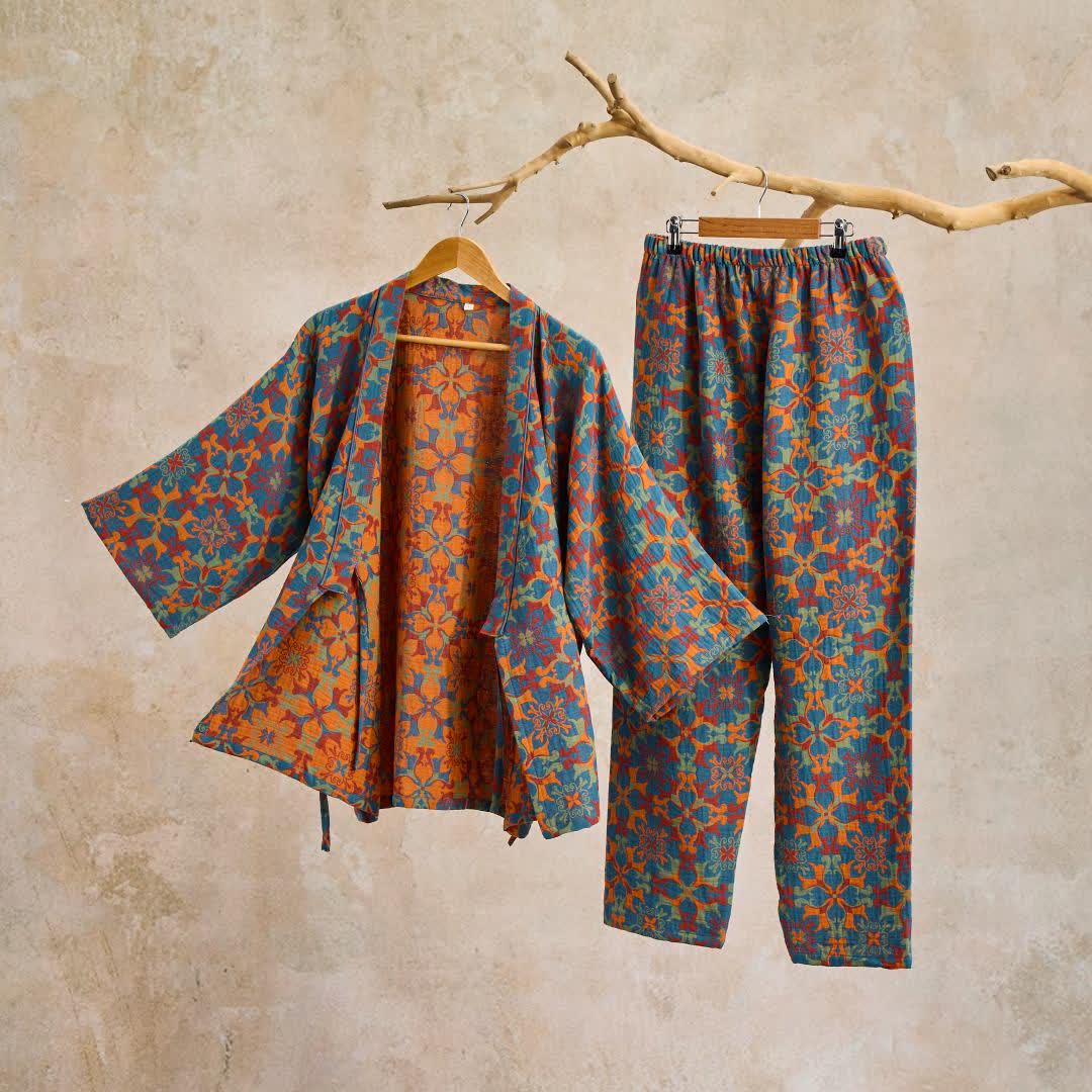 Ownkoti Geometric Pattern Cotton Kimono Lounge Wear Set