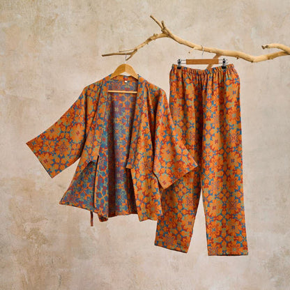 Ownkoti Geometric Pattern Cotton Kimono Lounge Wear Set