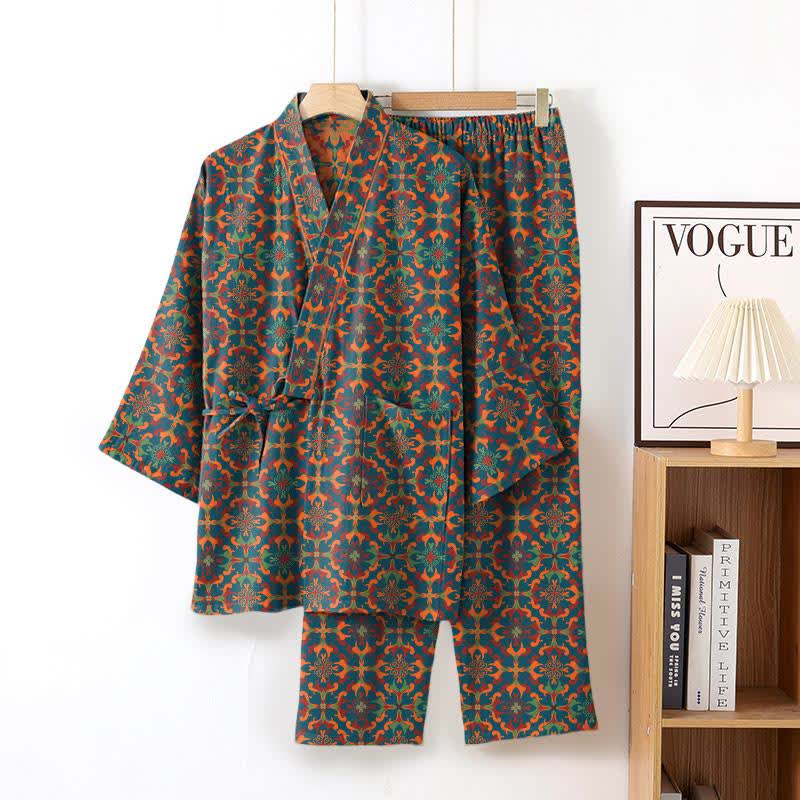 Ownkoti Geometric Pattern Cotton Kimono Lounge Wear Set