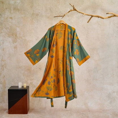 Ownkoti Luxurious Large Ginkgo Leaf Cotton Kimono Robe