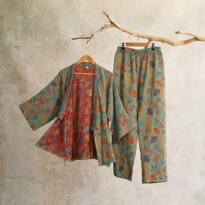 Ownkoti Ginkgo Cotton Gauze Kimono Loungewear Set - Comfort and Style in One