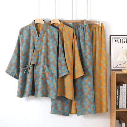 Ownkoti Ginkgo Leaves Cotton Kimono Loungewear Set for Ultimate Comfort