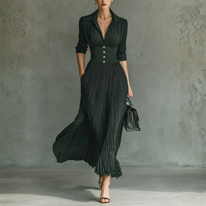 Avero | Elegant pleated long dress with long sleeves, notch collar, and cinched waist