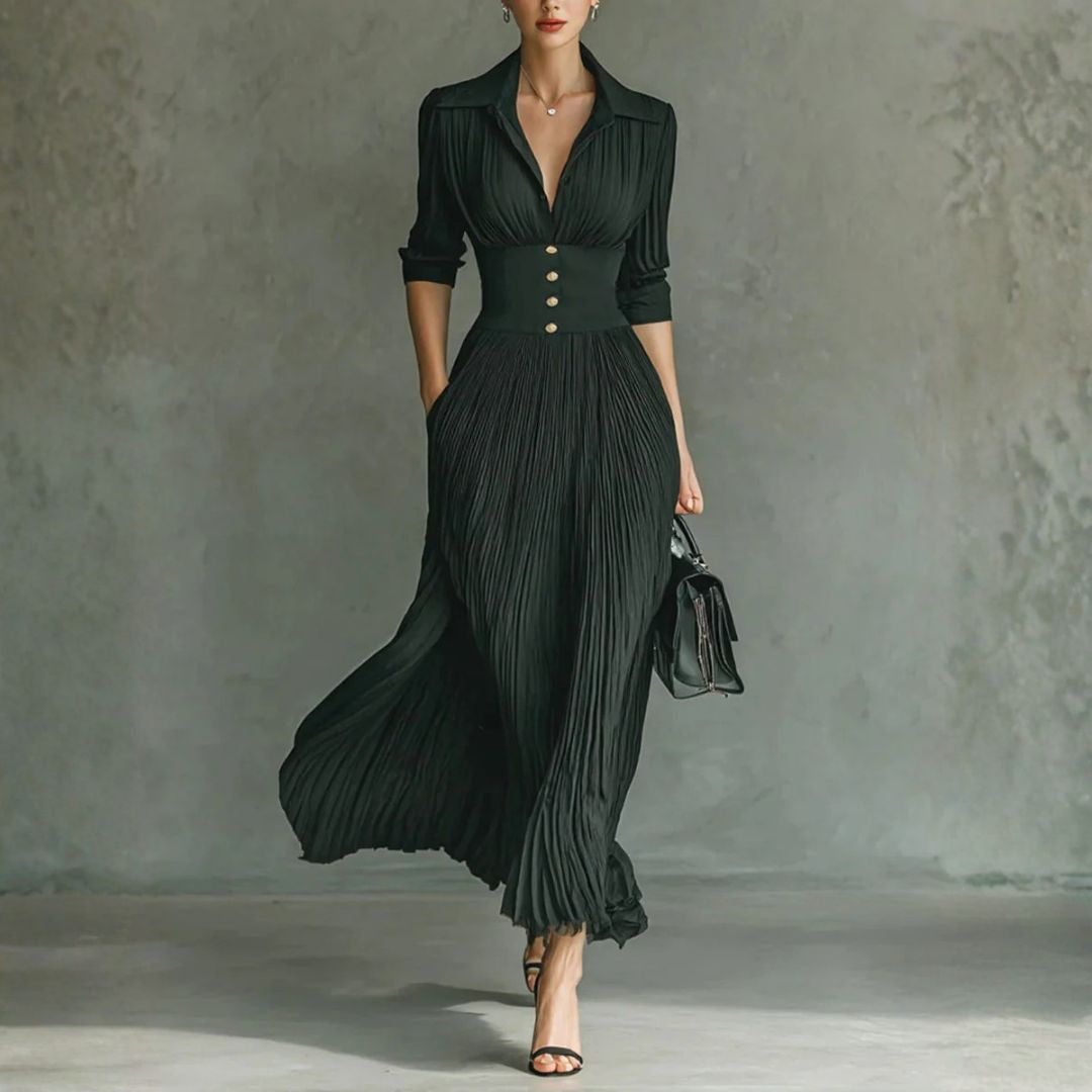 Avero | Elegant pleated long dress with long sleeves, notch collar, and cinched waist