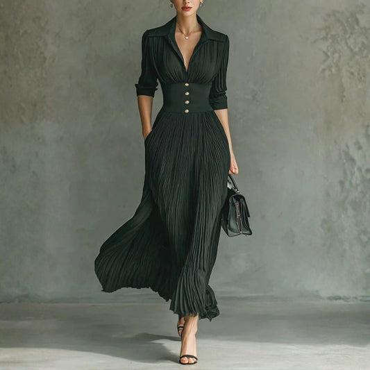 Avero | Elegant pleated long dress with long sleeves, notch collar, and cinched waist