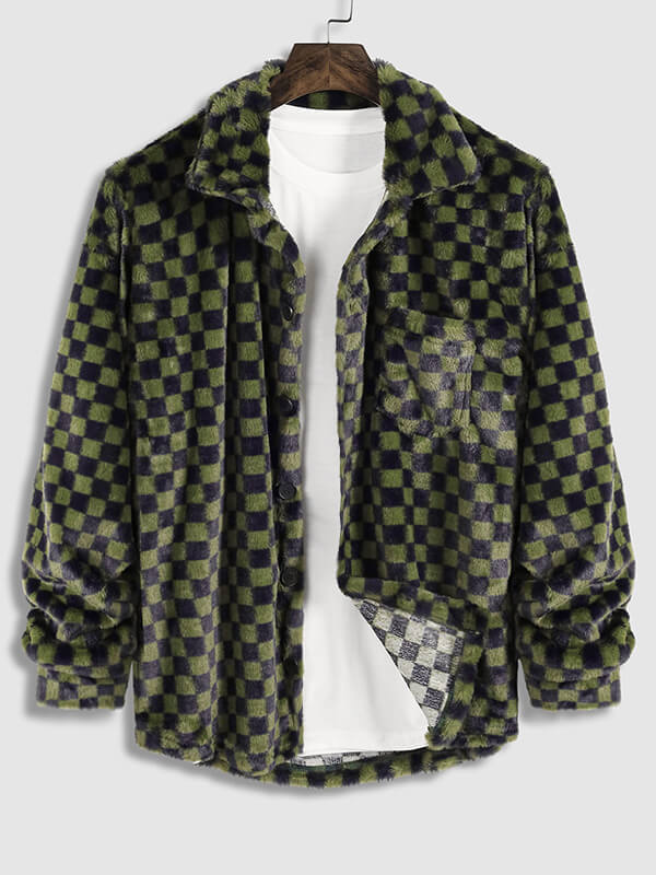 Men's Stylish Faux Rabbit Fur Plaid Casual Jacket with Button Lapel