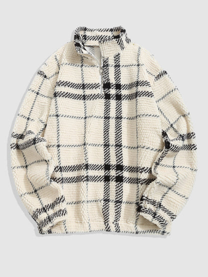 Men's Half-Zip Plaid Flannel Terry Collar Sweatshirt