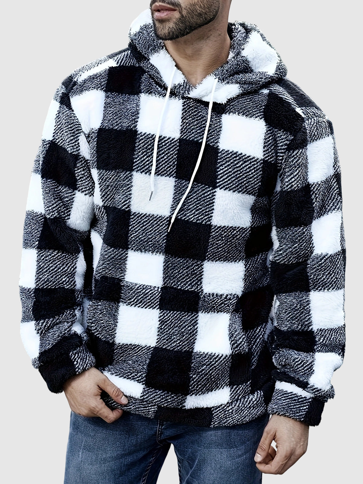 Classic Hooded Sweatshirt for Men with Plaid Pattern, Fleece, and Pockets
