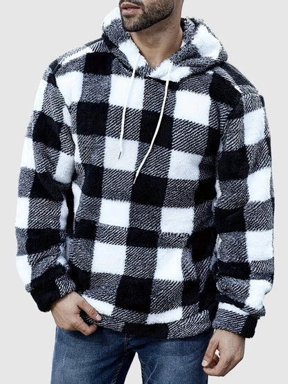 Classic Hooded Sweatshirt for Men with Plaid Pattern, Fleece, and Pockets