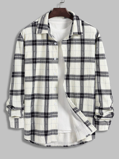 Men's long-sleeve shirt with pleats, plaid fleece fabric for a comfortable and stylish look