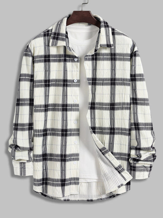 Men's long-sleeve shirt with pleats, plaid fleece fabric for a comfortable and stylish look