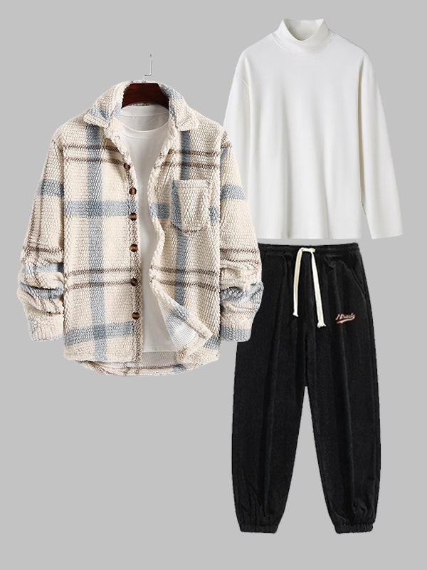 Set of 3 Items for Men: Checked Jacket, Velvet Basic T-Shirt, and Casual Trousers