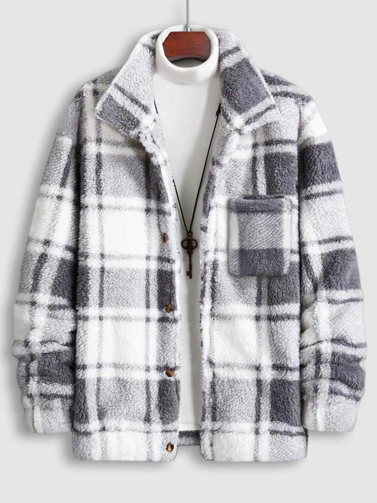 Classic men's plaid jacket with plush faux fur shoulder details, single pocket, buttons, and collar lapel