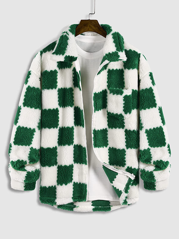 Men's faux fur plaid jacket with a single pocket and zipper for a casual and trendy style