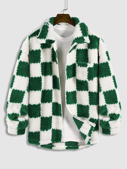 Men's faux fur plaid jacket with a single pocket and zipper for a casual and trendy style