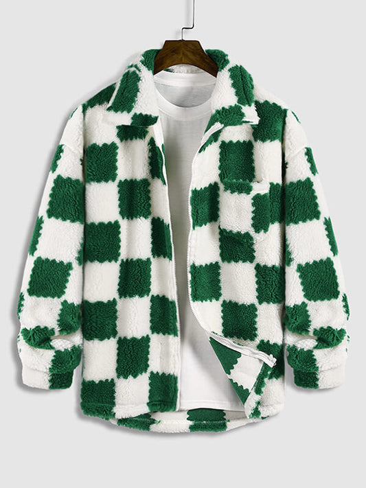 Men's faux fur plaid jacket with a single pocket and zipper for a casual and trendy style