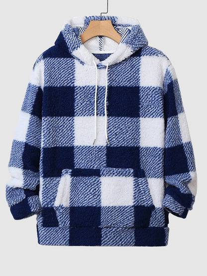 Classic Hooded Sweatshirt for Men with Plaid Pattern, Fleece, and Pockets
