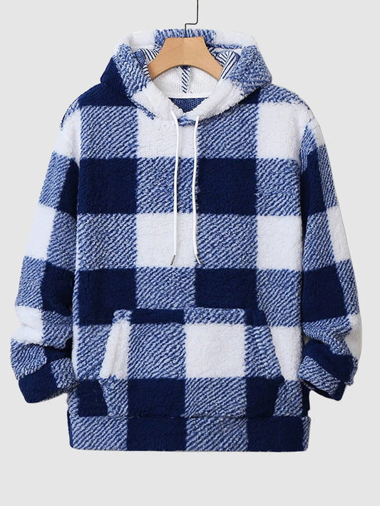 Classic Hooded Sweatshirt for Men with Plaid Pattern, Fleece, and Pockets