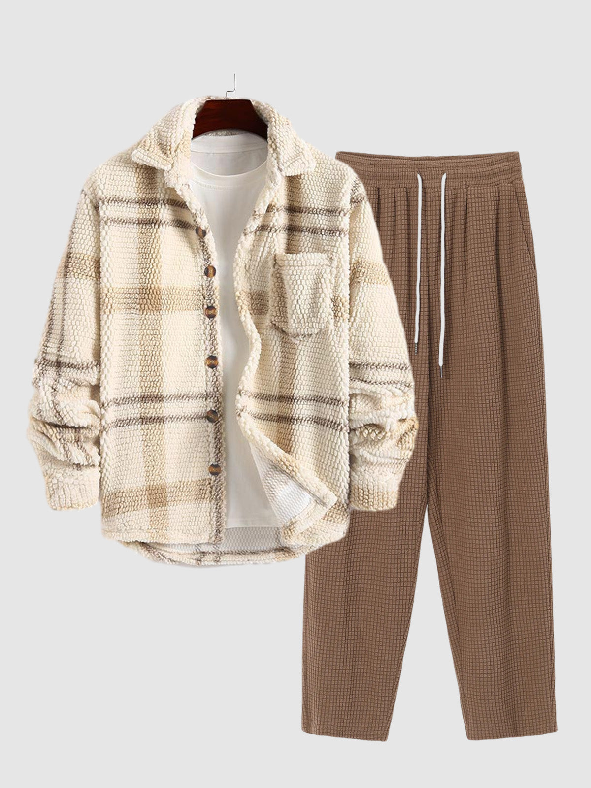 Men's Plaid Flannel Jacket and Casual Pants Set, Stylish and Comfortable Two-Piece