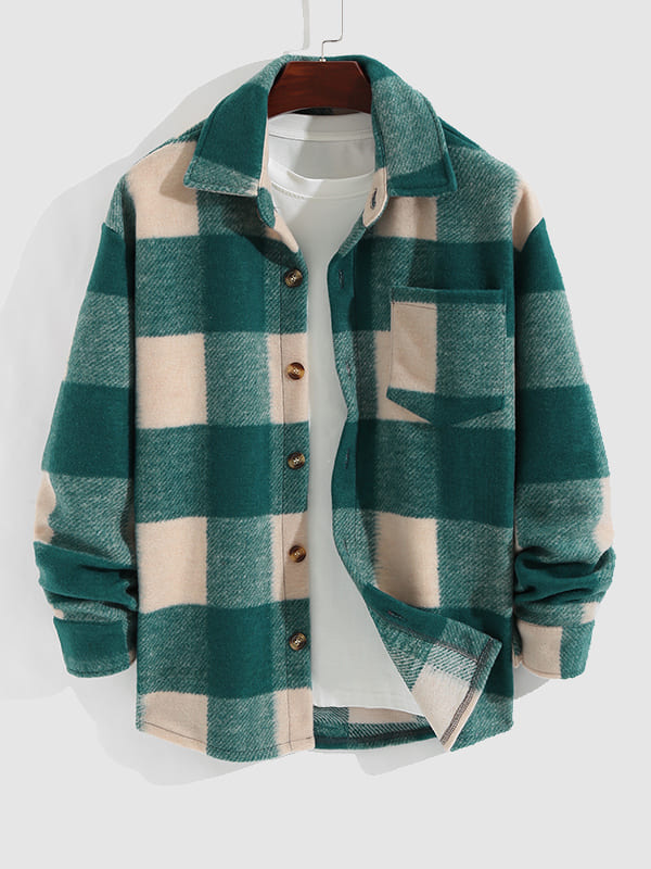 Men's Classic Plaid Wool Blend Button-Front Shirt Jacket