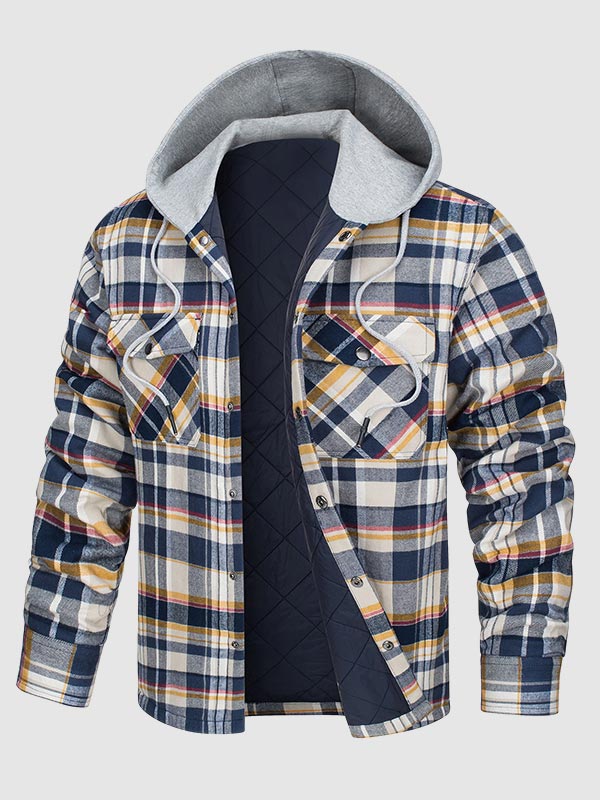Men's Cozy Hooded Plaid Button-Up Shirt Jacket for Warm Comfort