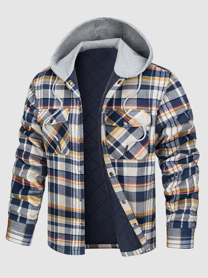 Men's Cozy Hooded Plaid Button-Up Shirt Jacket for Warm Comfort