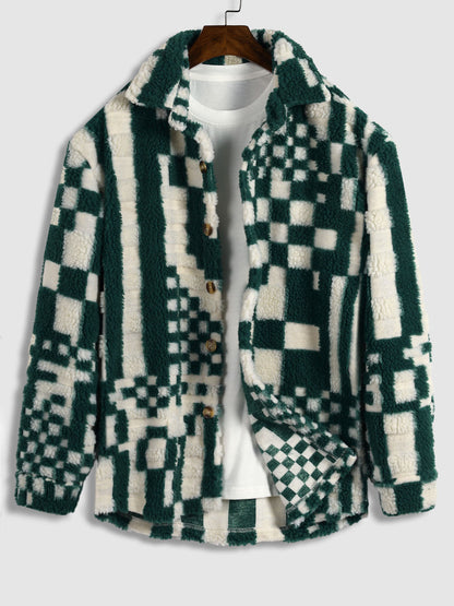 Men's Stylish Irregular Plaid Fluffy Faux Fur Casual Shirt Jacket
