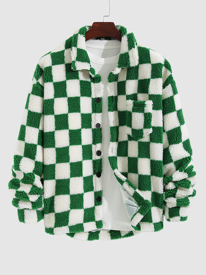 Men's Color Block Checkered Button-Style Flight Velvet Jacket