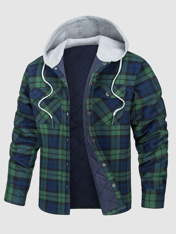 Men's Cozy Hooded Plaid Button-Up Shirt Jacket for Warm Comfort